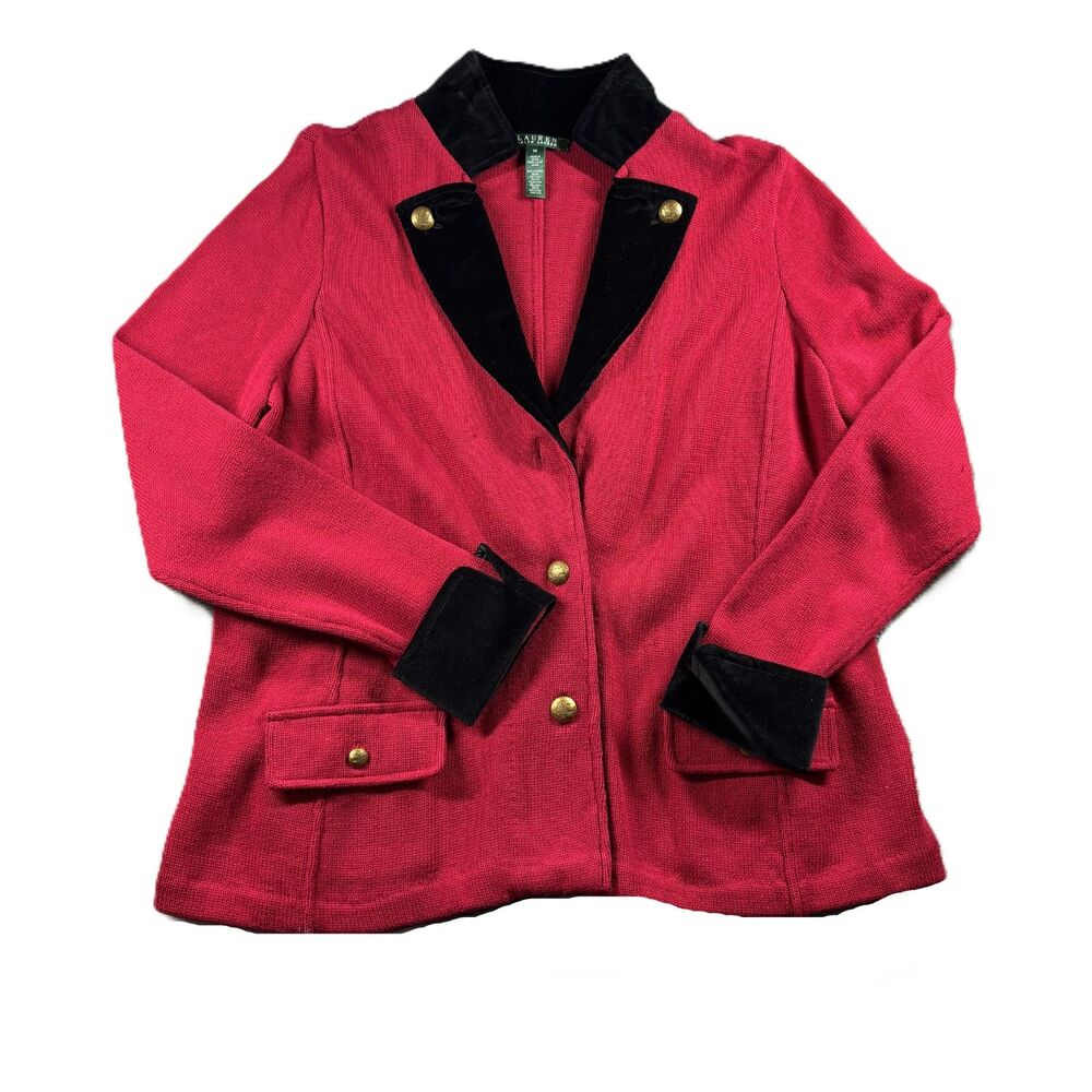 Ralph Lauren Women Knit Jacket Blazer Velvet Military Equestrian Red 1X P235